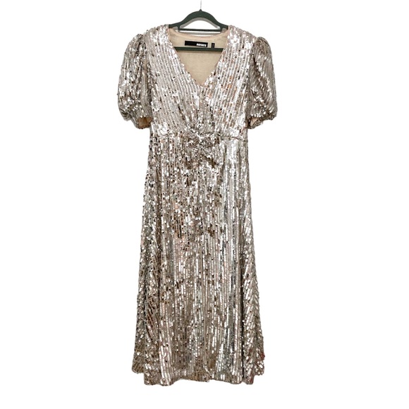 Rotate Birger Christensen Sierina Dress Silver Sequin Puff Sleeve Midi Size 6 - Picture 3 of 16